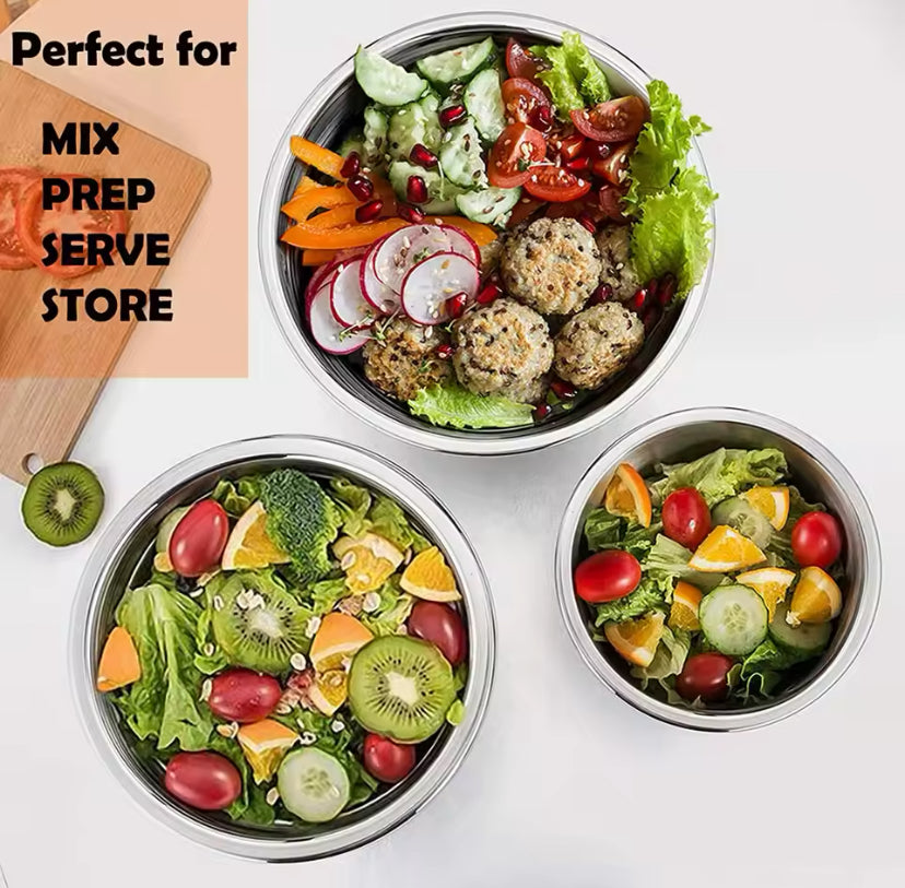 Set Of 5 Stainless Steel Mixing Bowl With Lid, Silicone Mixing Bowl Set, Salad Cooking Mixing Bowl, Stainless Steel Pots, Multifunctional Sealed Fresh Bowl Household, Kitchen Cooking Bowl Set Of 5 Stainless Steel Mixing Bowl With Lid, Silicone Mixing Bowl Set, Salad Cooking Mixing Bowl, Stainless Steel Pots, Multifunctional Sealed Fresh Bowl Household, Kitchen Cooking Bowl
